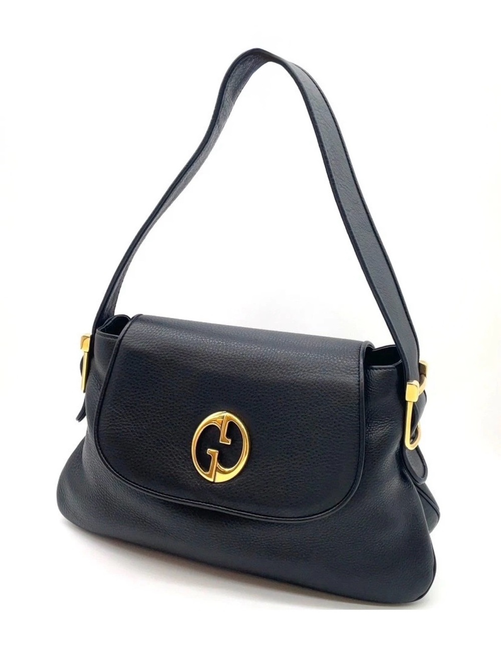 Gucci 1973 Black Pebbled Leather GG Shoulder Bag